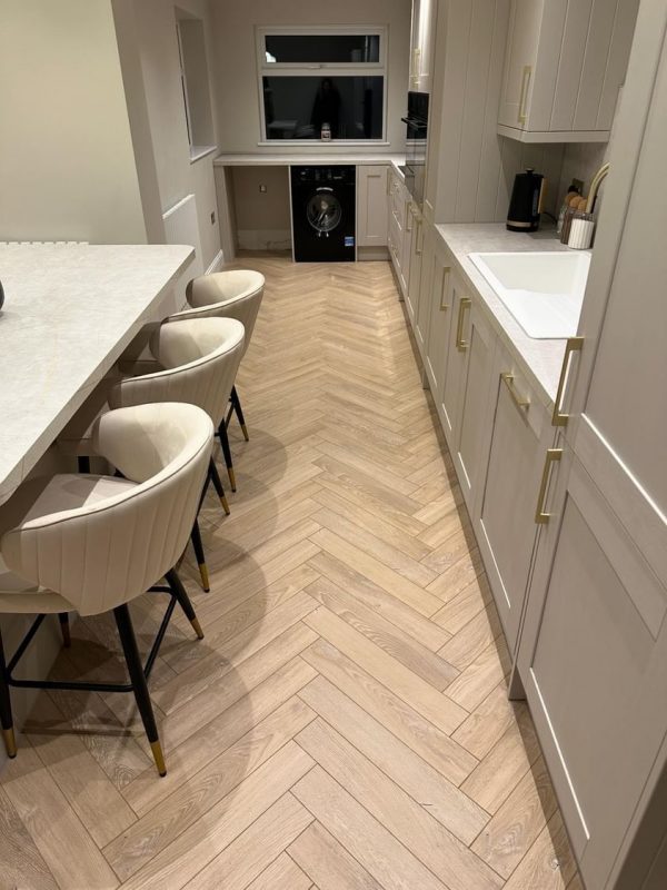 Desert oak herringbone dining room walkway