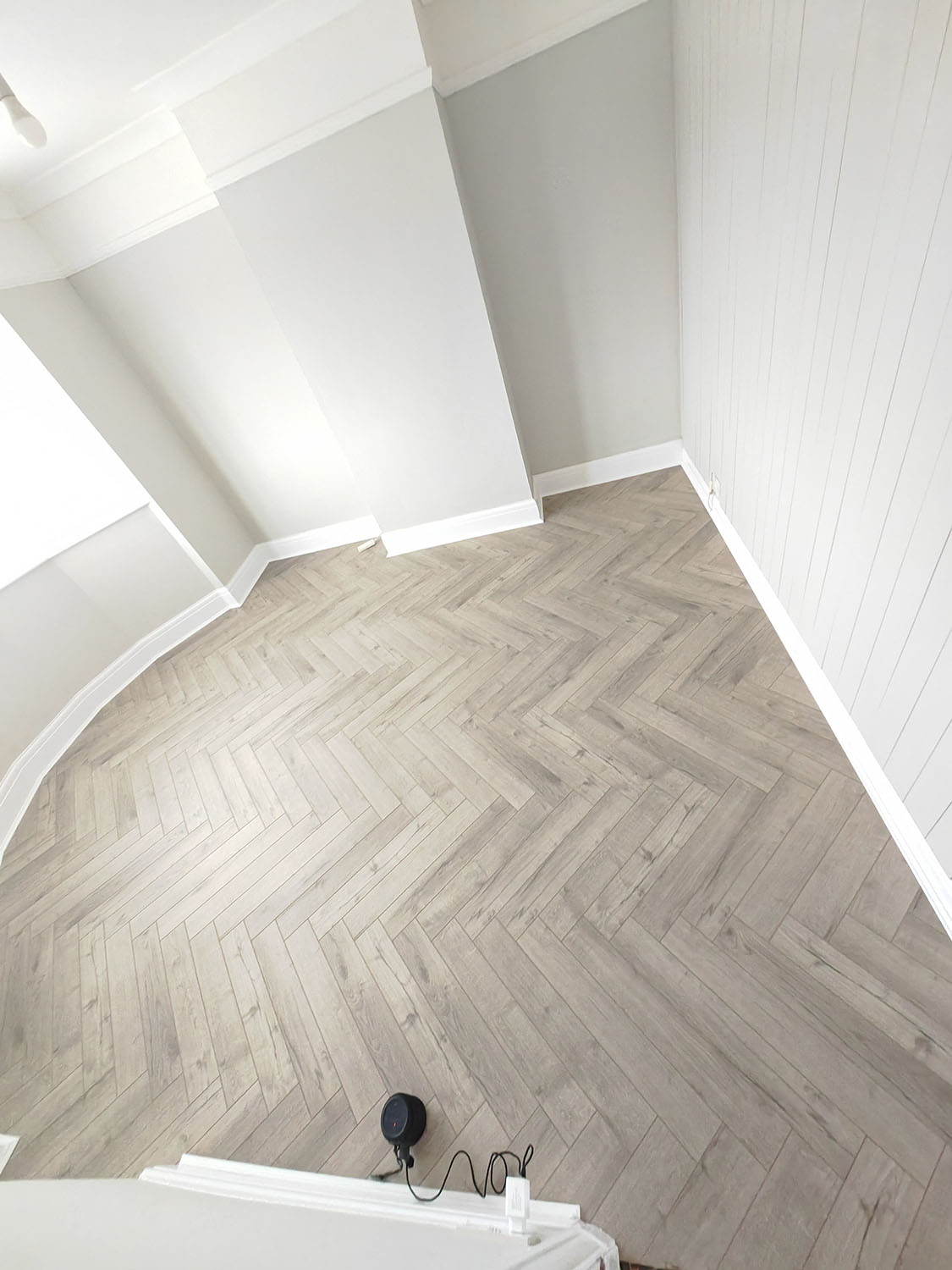 Oak robust grey herringbone flooring master bedroom