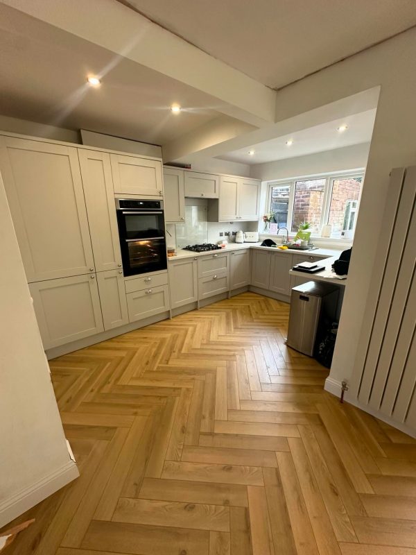 Warren oak herringbone flooring in kitchen