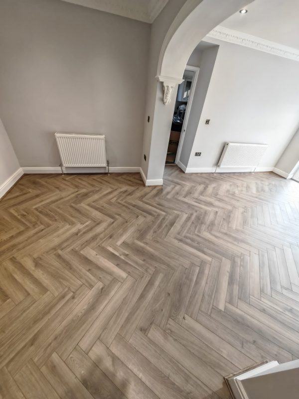 Riverbed oak herringbone flooring in living room