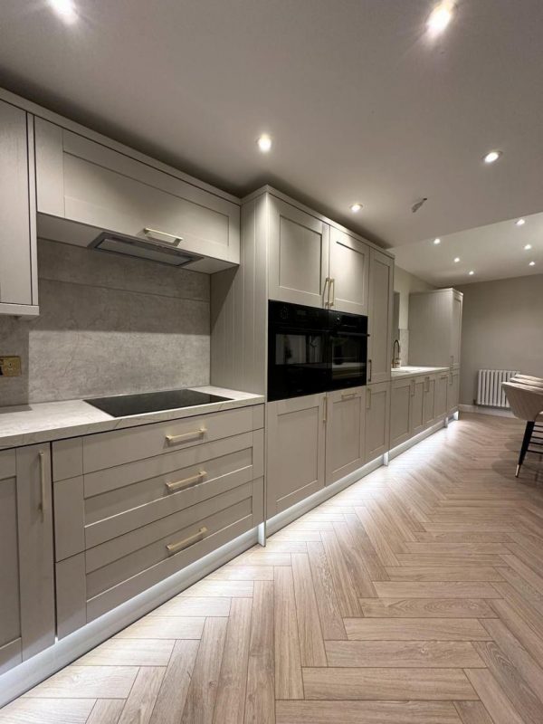 Desert oak flooring installation in kitchen